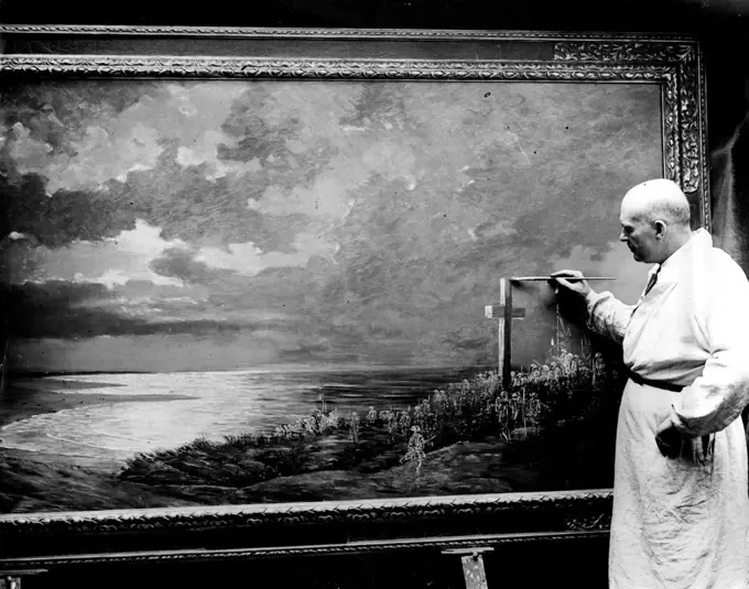 A Great New War Picture 'That Thrills' -- Mr. Longstaff at work on the finishing touches of the picture today at his London studio.Mr. William Longstaff, the Australian official war artist, whose ghostly symbolical painting to commemorate the opening of the Menin Gate is familiar to thousands in Australia and England, has just completed another large canvas., called 'Handing on the Torch'  and depicts a party of ghostly 'Tommies' on the low sandy coast of Northern France, looking back towards England. September 16, 1931. (Photo by Photopress)