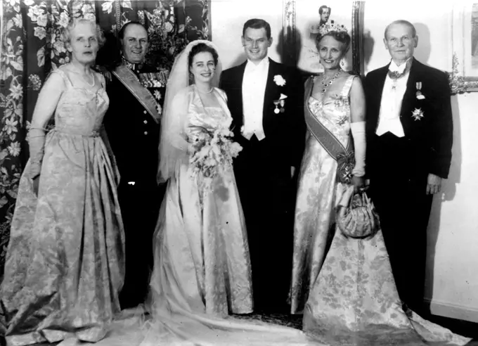 Royal Wedding In Oslo -- The wedding group after the marriage of Princess Ragnhild of Norway and Mr. Erling Lorentzen, son of a prominent Norwegian shipowner, near Oslo on Friday. Princess Margaret attended. (Left or Right) Mrs. Lorentzen, Crown Prince Olaf (father of bride), the bride and groom, Princess Martha, and Mr. Lorentzen. May 19, 1953.