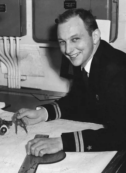 Young American Navigator, second officer D. J. O'Leary, who has correctly plotted the islands Manuae and Auotu in the Lower Cook group, in his cabin in the Pioneer Star today. *****. September 01, 1954.