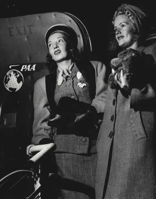 Left by Air Today to marry in USA. Miss Marion McDonald, of Campsie, and Miss Marjorie Ireland, of Croydon. February 04, 1947.