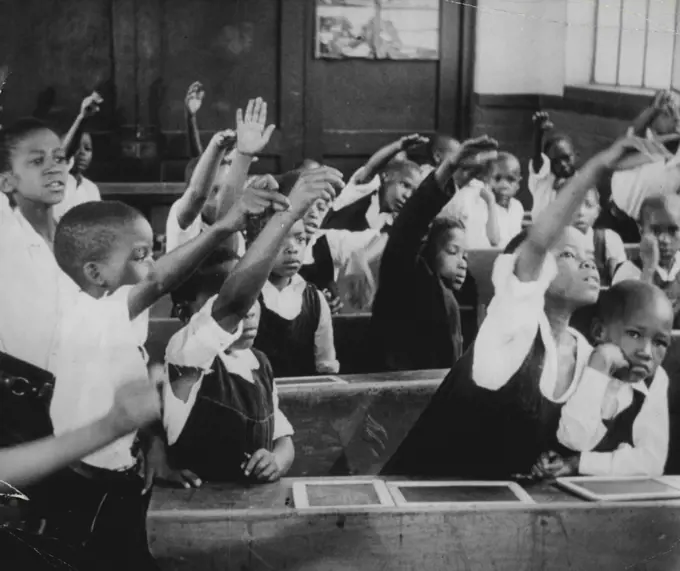 This was the last day of classes at one of the many mission schools which have taught the natives with the help of Government aid. In protest against the restriction of what could be taught the Bantus, The schools decided to close down. January 14, 1955. (Photo by United Press).