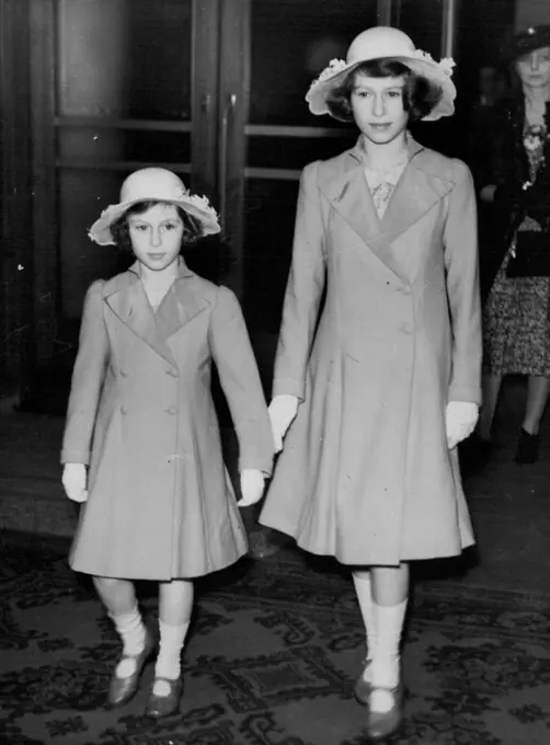 The Royal Princess Visit The International Horse Show at Olympia This Afternoon -- Princess Elizabeth and Princess Margaret Rose (who were accompanied by Viscount Halifax) seen arriving at the show. June 22, 1939. (Photo by Sport & General Press Agency Limited).