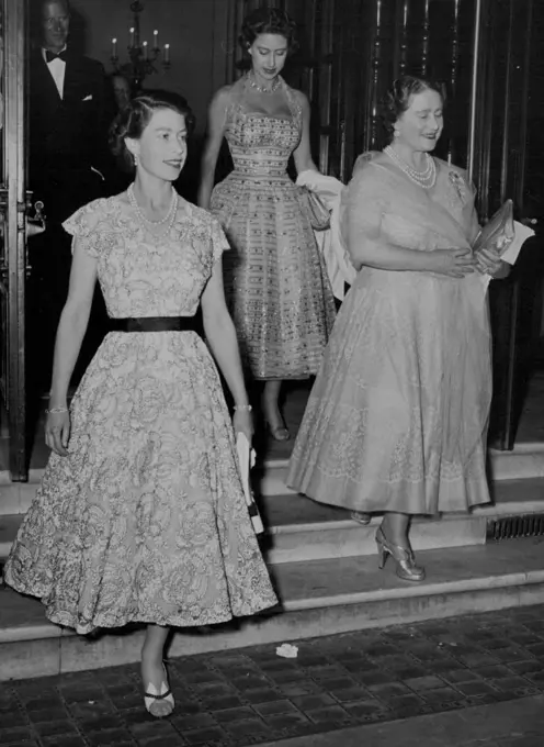 Queen Mother's Birthday Surprise -- A Royal Secret for the Queen Mother's birthday was this smiling theatre party. She and the Queen with Princess Margaret and the Duke Edinburgh saw "The Remarkable Mr. Pennypacker" - "such a lovely evening," said the Queen Mother.Fashionable observers noted the Queen's winged, open sandals in black and white leather with matching handbag. With a touch of carefree Italian summer they are among the gayest shoes the Queen had chosen this year. August 05, 1955. (Photo by Daily Express Picture).