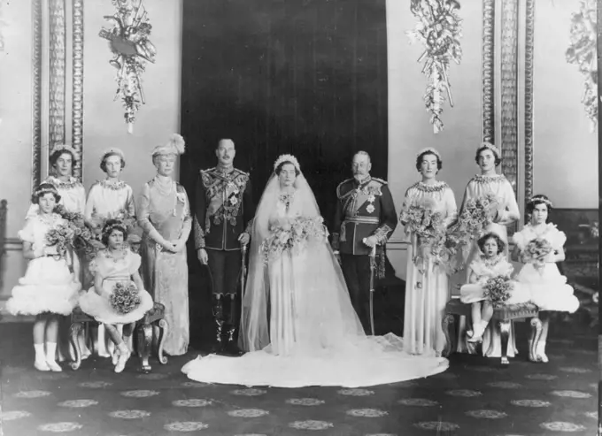 The Wedding Of H.R.H. The Duke Of Gloucester And Lady Alice Scott, Sister Of The The Duke Of Buccleuch, Which Took Place Quietly In The Private Chapel, Buckingham Palace, Nov. 6th.The Bridal Group after the wedding. L. to R Back Row:- Miss Claire Phipps, Lady Elizabeth Scott, H.M. the Queen, the Duke of Gloucester, the Duchess of Gloucester, H.M. the King, Lady Angela Scott, Miss Moyra Scott. Front Row. L. to R:- Lady Mary Cambridge, Princess Elizabeth of York, Princess Margaret Rose of York, Miss Anne Hawkins. November 25, 1935. (Photo by Sports & General Press Agency Limited).