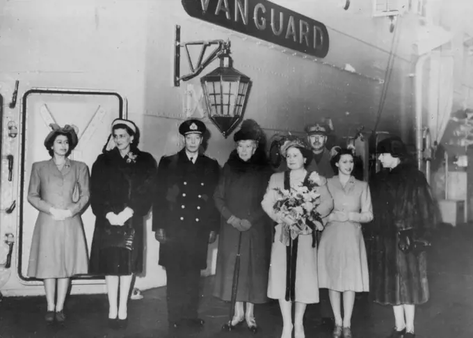 Royal Party Sail For South Africa In Battleship -- The King and Queen and the Princesses with other members of the Royal Family, who saw them off, at the entrance to the Royal apartments on the quarterdeck of H.M.S. Vanguard. Left to right - Princess Elizabeth; the Duchess of Kent; the King (in uniform of Admiral of the Fleet); Queen Mary, the King's mother; Queen Elizabeth; the Duke of Gloucester, the King's brother (behind) Princess Margaret and the Princess Royal (sister of the King).With other members of the Royal Family to see them off, King George and Queen Elizabeth and their daughters, Princess Elizabeth and Princess Margaret, boarded H.M.S. Vanguard (42,500 tons), Britain's most modern battleship, at portsmouth en route to South Africa. January 31, 1947.