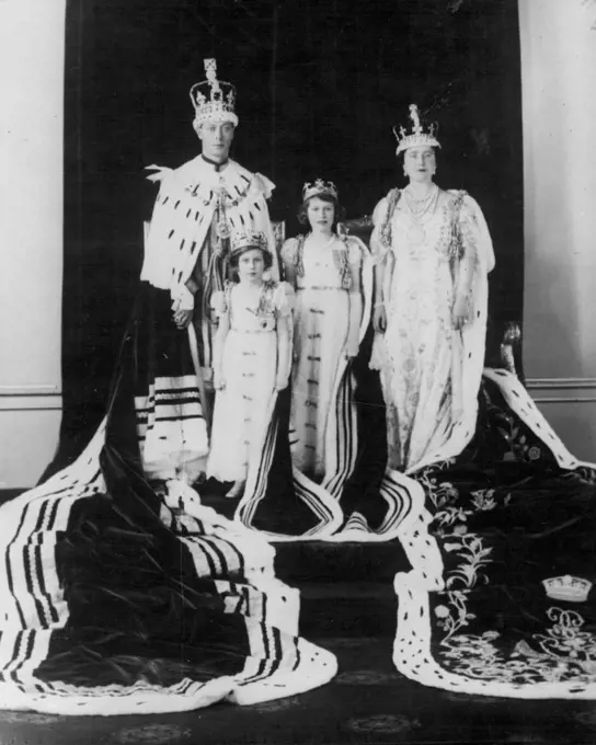 The Royal family, at the Coronation, 12 May, 1937. The King, Queen Elizabeth, Princess Elizabeth and Princess Margaret (then known as Princess Margaret Rose). November 15, 1951. (Photo by Reuterphoto)