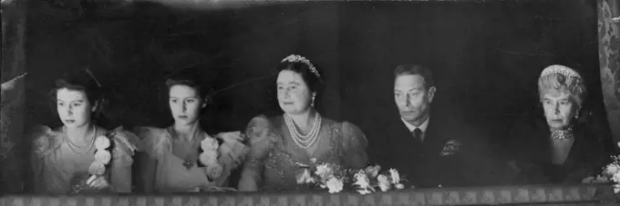 Royal Family Attend The Reopening of The Royal Opera House, Covent Garden -- Left to right - Princess Elizabeth; Princess Margaret; H.M. the Queen; H.M. the King; and Queen Mary in the Royal box at the Royal Opera House, Covent Garden, London, during the opening performance of the season.A brilliant audience greeted the reopening of the Royal Opera House, Covent Garden, when the Sadler's Wells ballet company performed the Tchaikovsky ballet," The sleeping Beauty". Their Majesties the King and Queen, were present, accompanied by Queen Mary, Princess Elizabeth and Princess Margaret. The audience also include the Prime Minister and Mrs. Attlee, as well as many Cabinet Ministers and foreign diplomats. The building itself escaped damage during the war, and was easily restored to its traditional splendour. February 20, 1946.