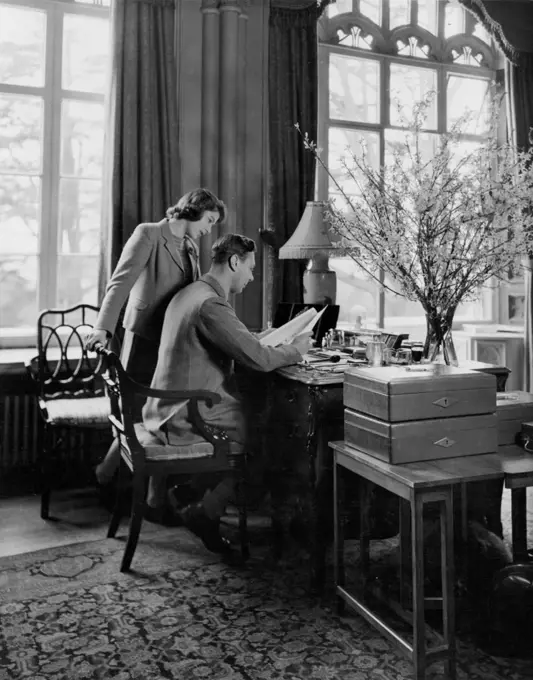 Royal Lodge Windsor April 11th 1942.King George VI & Queen Elizabeth at desk. June 16, 1953. (Photo by Camera Press Ltd.).