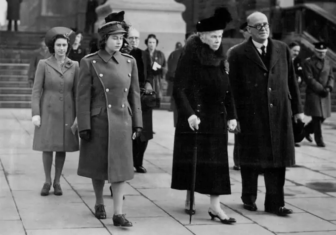 Armistice Day - 1945 - Queen Mary with Princess Elizabeth and Princess Margaret Rose arriving for the ceremony. March 25, 1953. (Photo by London News Agency).