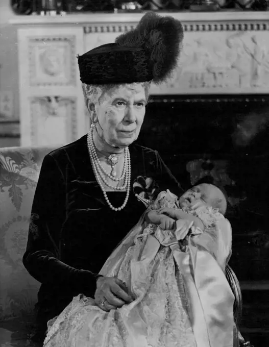 Baby Prince Christened At Buckingham Palace -- Great grandmother admires the baby Prince. Queen Mary proudly holds the little Prince Charles after the christening at Buckingham Palace today. Princes Charles, as Princess Elizabeth's son will be known to the nation. was christened Charles Philip Arthur George in a ceremony at Buckingham Palace, London this afternoon (Wednesday), when Dr. Fisher, Archbishop of Canterbury officiated. Prince Charles's sponsors were: The King, Queen Mary, Princess Margaret, King Maakon of Norway, Prince George of Greece, the ***** Marchioness of Mllford Haven, Lady Brabourne and the Hon. David Bowes-Lyon. December 15, 1948. (Photo by Reuterphoto).