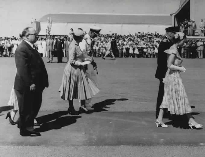 Queen & Q'Land Governor Sir John Lavarack, Duke & Lady Lavarack Premier V. C. Gair & Mrs. Gair on arrival Eagle Farm airport, Brisbane. March 12, 1954.