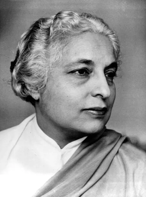 Indian Personalities: Madame Vijay Lakshmi Pandit According to Press reports Madame Pandit will he Indias next High Commissioner to the United Kingdom; President of the United Nations General Assembly until September 21. 1954. August 9, 1954. (Photo by Jitendra Arya, Camera Press).