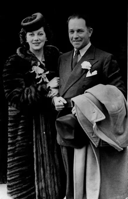 Well Known U.S. Flyer And Test Flyer Weds Paris Beauty.The bride and bridegroom leaving the Southampton Registry office this afternoon.Well known U.S. Flyer and Test pilot to Cunliffe-Owen Aircraft, Ltd was married to-day to Miss Swana Beaucaire Duval of Paris. The bridegroom was the first flyer to cross the Pacific Ocean on a non-stop flight. March 29, 1939. (Photo by Topical Press).