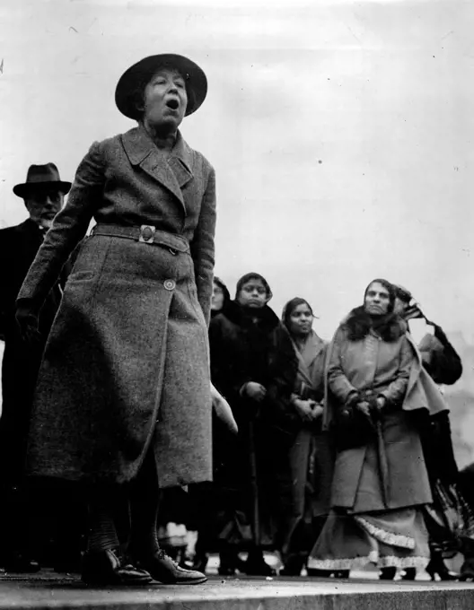 Pankhurst SpeaksFrom The Plinth of the Nelson Column, Miss Sylvia Pankhurst protested against the British policy in India, when the Friends of India Society held a mass demonstration in Trafalgar Square. February 26, 1932. (Photo by The Associated Press of Great Britain Ltd.).