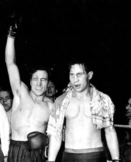 Tonight's Fight AT Harringay -- Phillips and Kolblin photographed after the fight which Phillips won on points.Eddie Phillips V. Arno Kolblin. November 3, 1937. (Photo by Keystone).