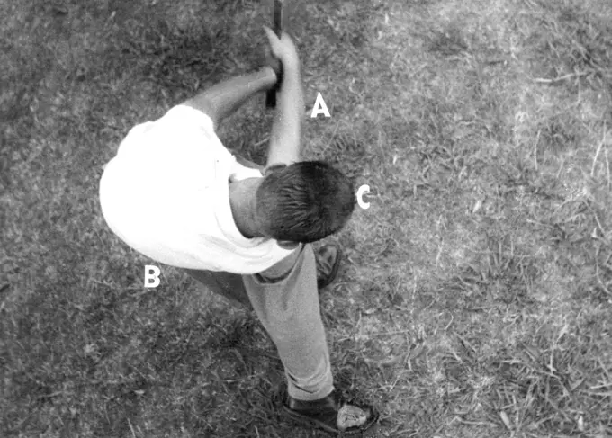 (a) side has been braced as club head hits ball and is forced through line of flight by straight right arm, wrists rolling, (b) Right side is relaxed to allow hips to turn in direction of hole, (C) Head is turning. June 01, 1954.
