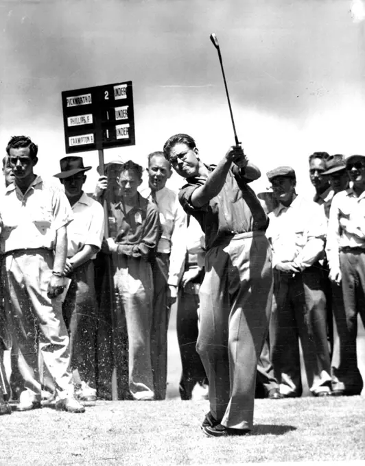 Ampol Golf -- Golfer, Frank Phillips hits off the tee during todays Ampol Tournament... November 10, 1955. (Photo by George Lipman/Fairfax Media).