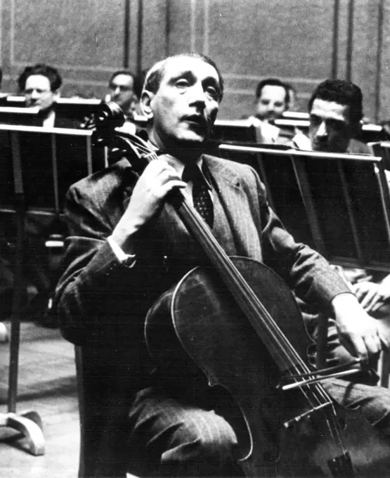 Camera In The Strings -- Gregor Piatigorsky pictured while playing with the Philadelphia Orchestra as guest 'cellist - the photographer was one of the orchestra's permanent cellists, Adrian Siegel. September 30, 1949. (Photo by Adrian Siegel, Pictorial Press).