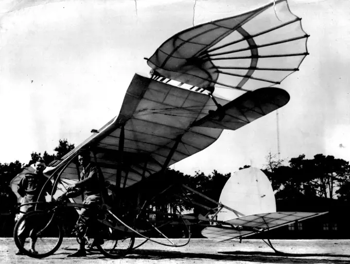 The Flying Bicycle - The new bicycle plane seen in the Berlin-Adlershof.A flying bicycle built by Karl Lindemann, an ex-policeman, and Willy Sonne, A mechanic, has been accepted by the German Airways Company and will make its first test flight very shortly. June 04, 1934. (Photo by The Associated Press).