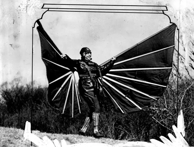 A Human Bird - Mme. Helene Albert wearing the bat like wings with which she demonstrating her theory of "Cosmic Motion", said to be based upon a long for gotten Greek law of motion. She is shown taking off from a slight rise in the ground on the Anderson Estate, where she made several brief swoops over the ground. April 06, 1931. (Photo by International Newsreel Photo).