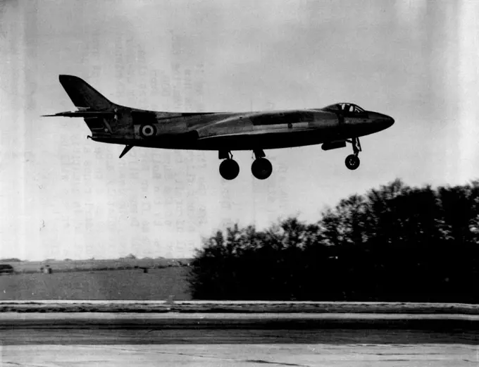 New Plane Takes the Air - Pictured here for the first time as it takes off on a test flight is the new experimental aircraft, the Supermarine 525, a development of the Supermarine 508. It is powered by two Rolls Royce Avon engines and was flown for the first time, from Boscombe Downs, Wiltshire, by Lt. Cmdr M.J. Lithgow, who described the 20-minute flight as 'completely successful.'The aircraft is said to be the fastest ever designed for carrier use and the twin jet fighter ordered in quantity by the Admiralty a year ago will be directly developed from it. May 05, 1954. (Photo by Reuterphoto).