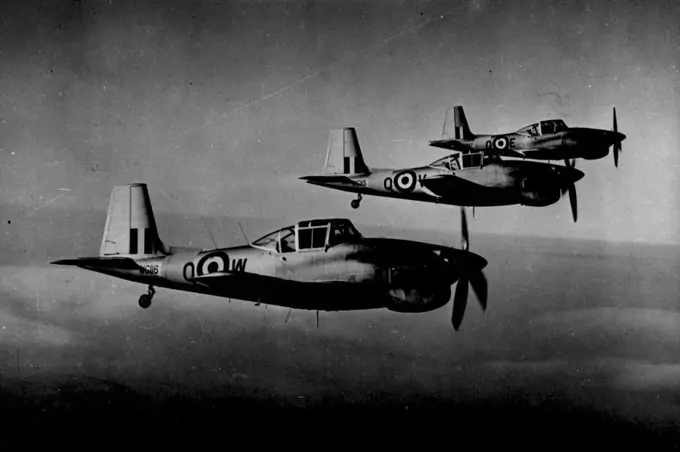 New British Trainer Aircraft In Service -- "Balliol" trainer planes from a flying training school practice formation flying.The new British "Balliol" T.2 trainer plane is now superceding the Harvard as the advance single pistoned engined trainer of the Royal Air Force. The machine is fitted with a Rolls-Royce Merlin engine and instructor and pupil sit side by side. January 26, 1953. (Photo by Sport & General Press Agency, Limited).