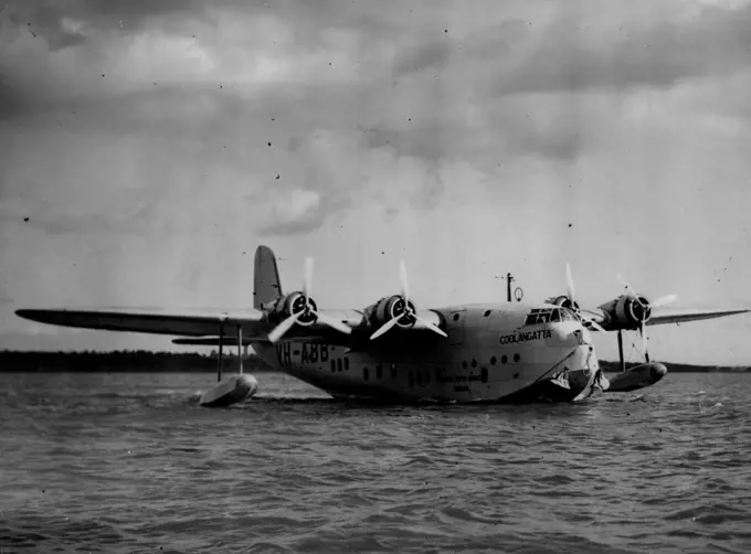 First Southampton-Sydney Flying Boat Leaves For Australia Tomorrow.The "Coolangatta" taxi-ing to her moorings after a test flight at Hythe today.The Royal Mail Air-Liner "Coolangatta", the first of six Australian flying-boat which will operate with Imperial Airways on the Empire Truck route, Southampton-Sydney, will leave for Australia early tomorrow morning. Captain Allan and his crew carried out a final test flight at Hythe, Hants, this afternoon. March 17, 1938. (Photo by Keystone).
