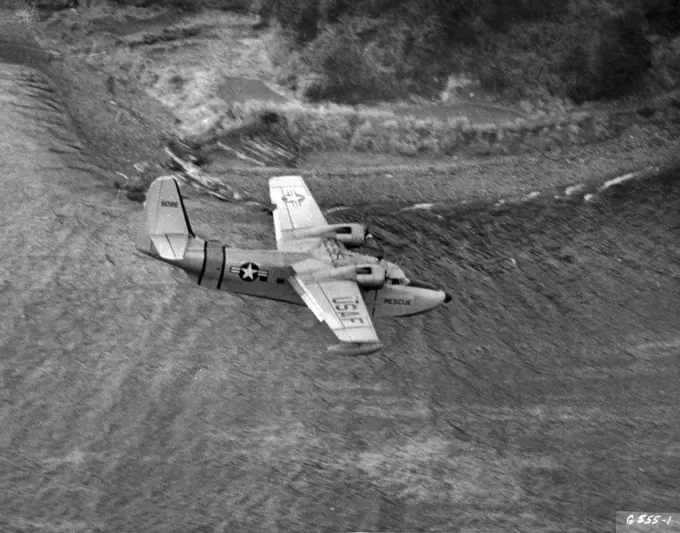 Search - An SA-16 Grumman Albatross of the 3rd Air Rescue Squadron, the search end rescue unit serving the U. S. Far East Air Forces, has one primary duty--constant patrol of the water lanes over which fighters, light and medium bombers of Far East Air Forces and its attached units fly. One is shown cruising at a medium low altitude- alert for signs of trouble. March 10, 1951. (Photo by U. S. Air Force Photo)