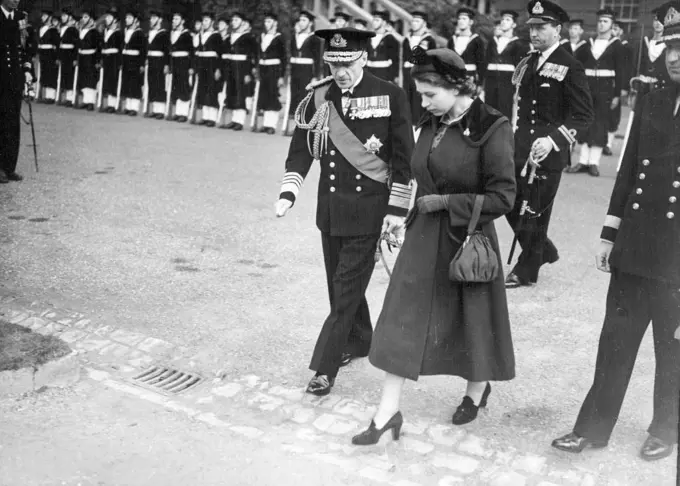 Princess Elizabeth Unveils Naval was memorial 10, stained glass windows at St. Georges Church Chatham.The Princes after the inspection of the guard, with Admiral Sir Henry Moore. October 29, 1950. (Photo by Daily Mail Contract Picture).