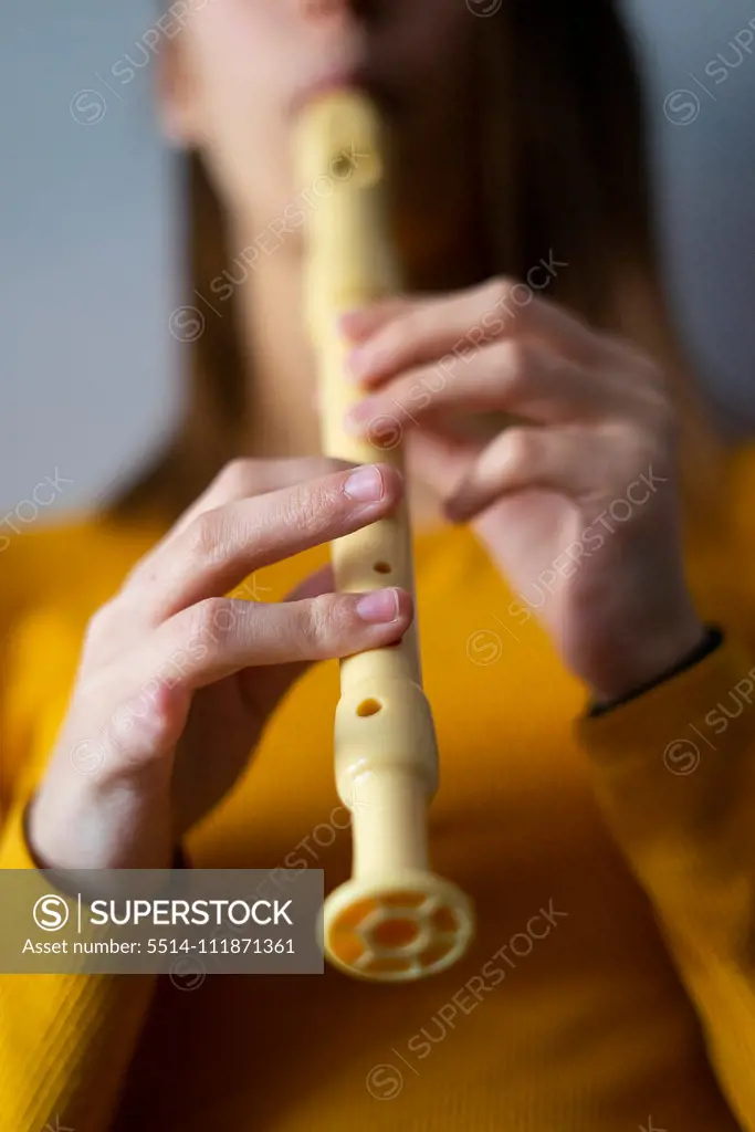 Woman music and music teacher playing flute.