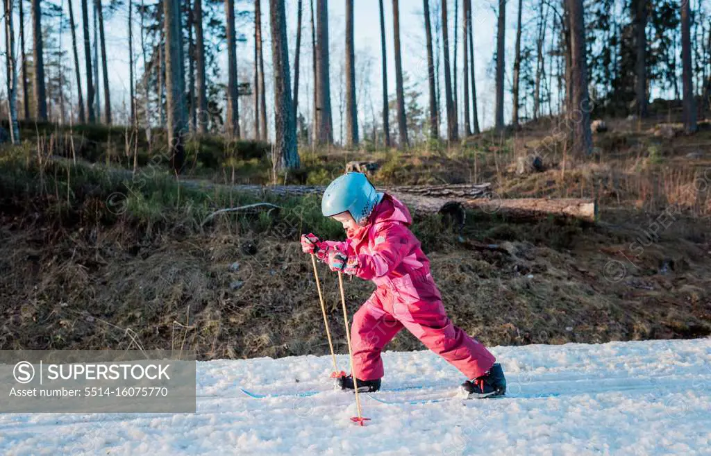 young girl cross country skiing in winter at sunset in Sweden