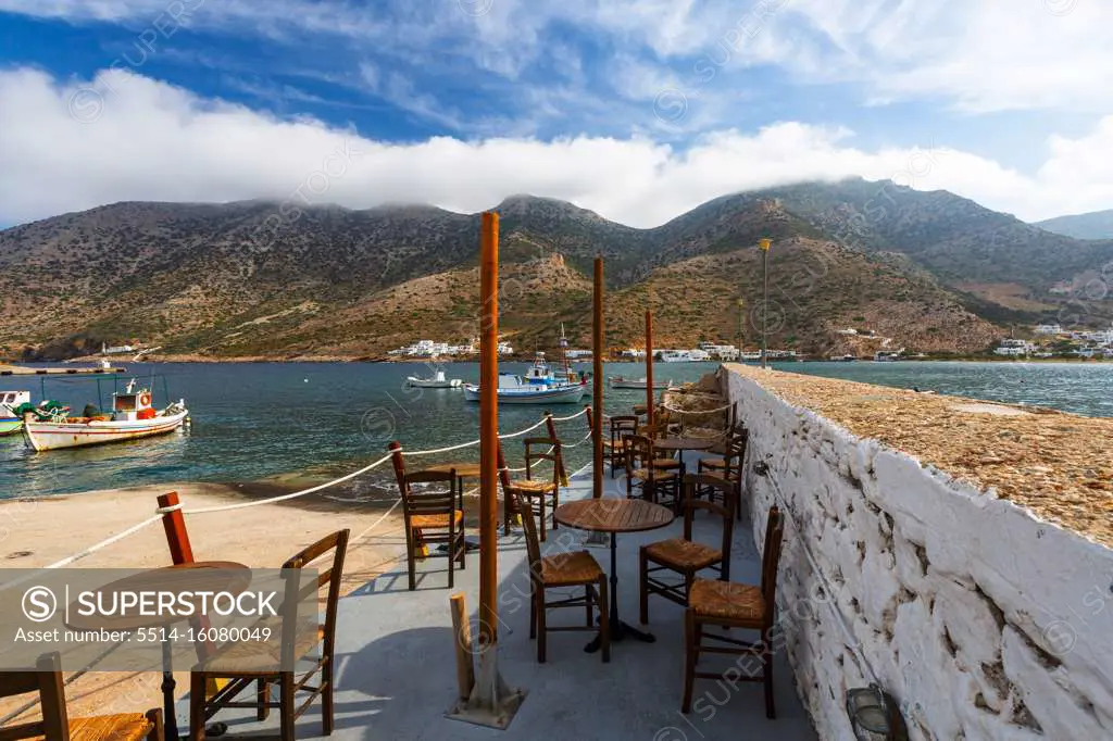 Traditional fishing boats in the harbour of Kamares villge, Sifnos.