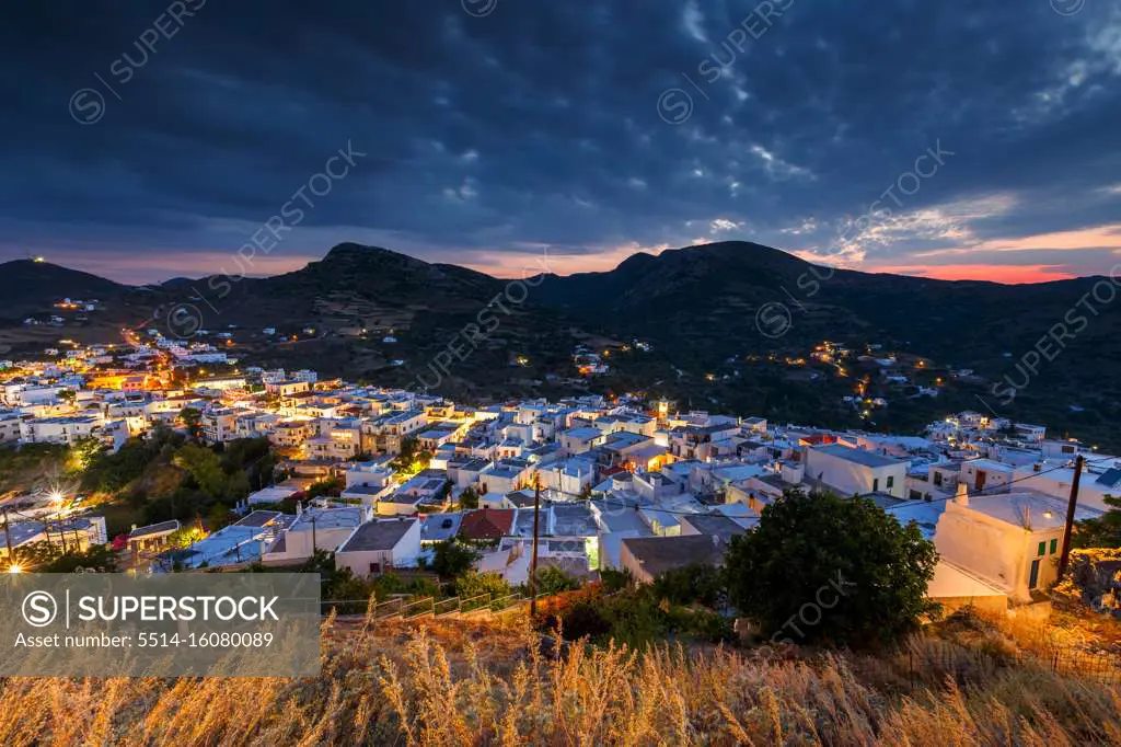 View of Chora village from the hill above, Skyros island, Greece.