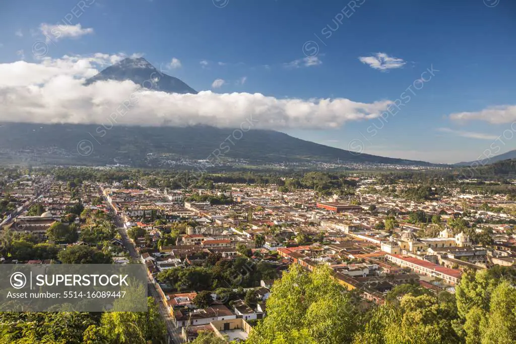 High angle view of Antigua, Guatemala and Volcano Agua.