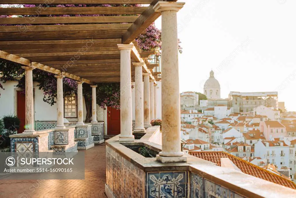 Santa Luzia view point without people in the sunrise, Lisbon, Portugal