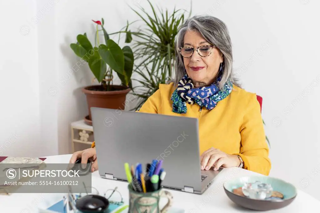 Old lady sitting on a desk and using a laptop.