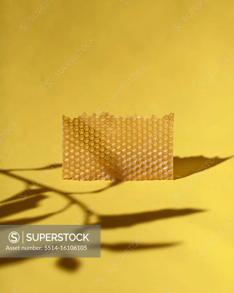 Plaster of beeswax with drops of honey on yellow background minimal