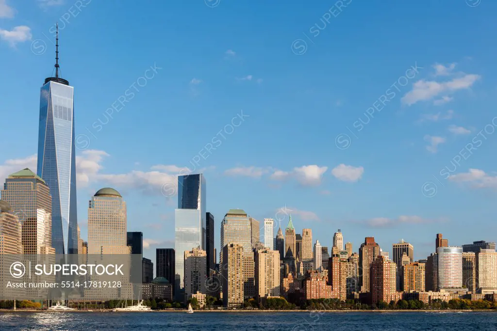 Lower Manhattan skyline at sunset in NYC, USA