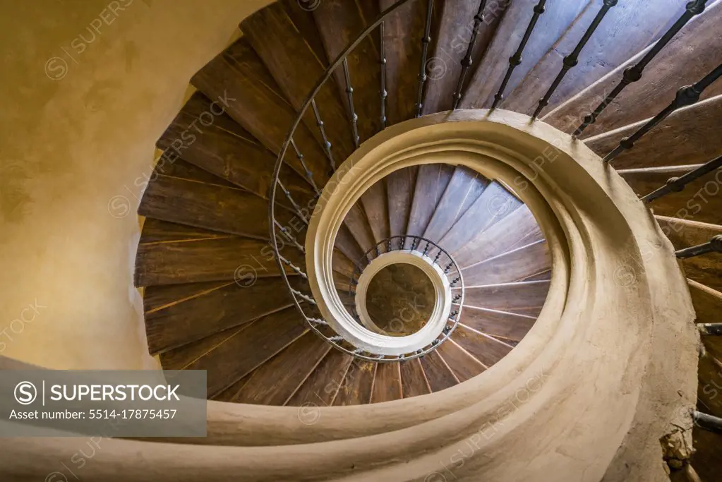 Directly above view of Spiral staircase inside Church of the Assumption of Our Lady and Saint John the Baptist, UNESCO, Kutna Hora, Kutna Hora District, Central Bohemian Region, Czech Republi