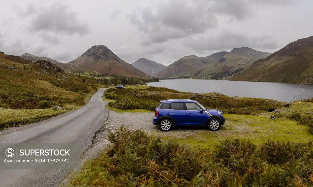 Car parked near lake in the Lake District National Park, UK