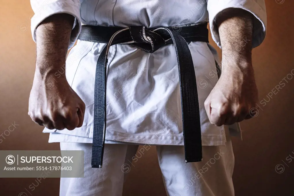 Unrecognizable karateka with black belt in firm position