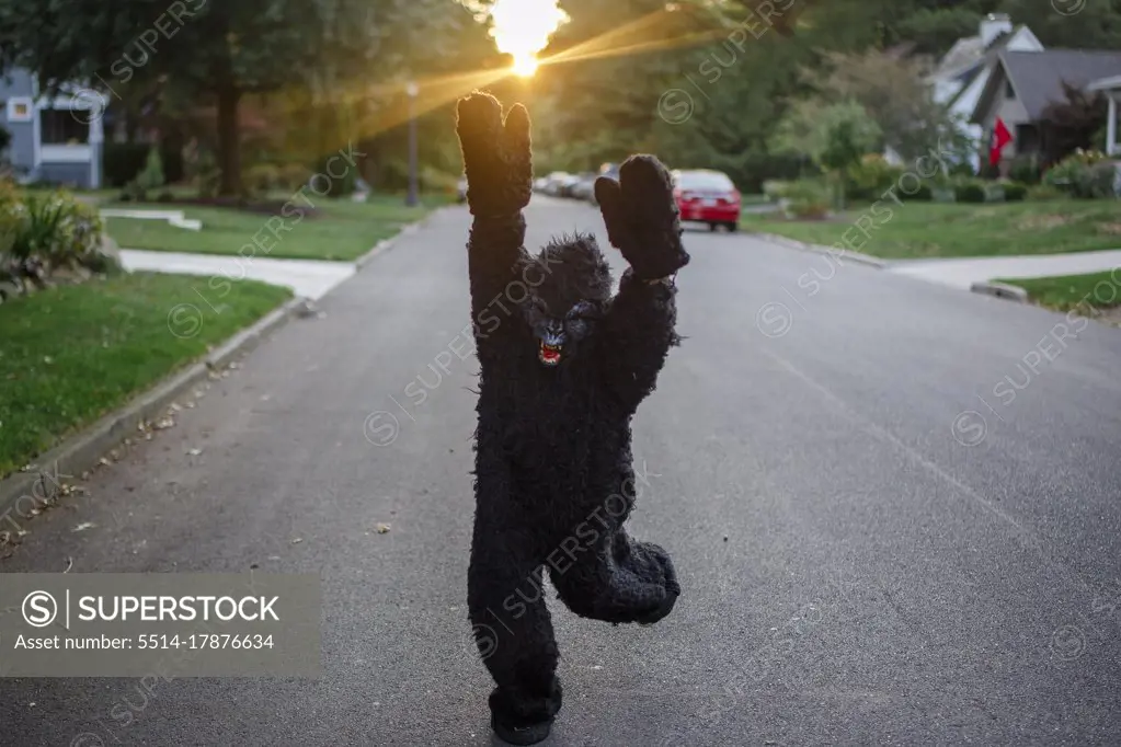 A child in a full gorilla suit runs with arms up on a street at sunset