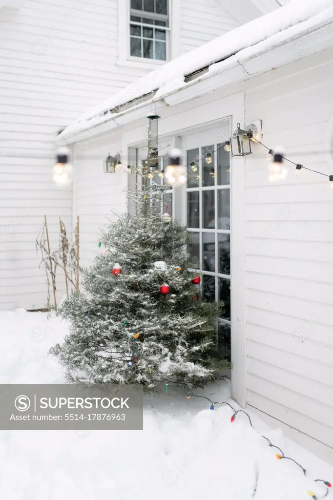 patio in the snow with lights and Christmas tree