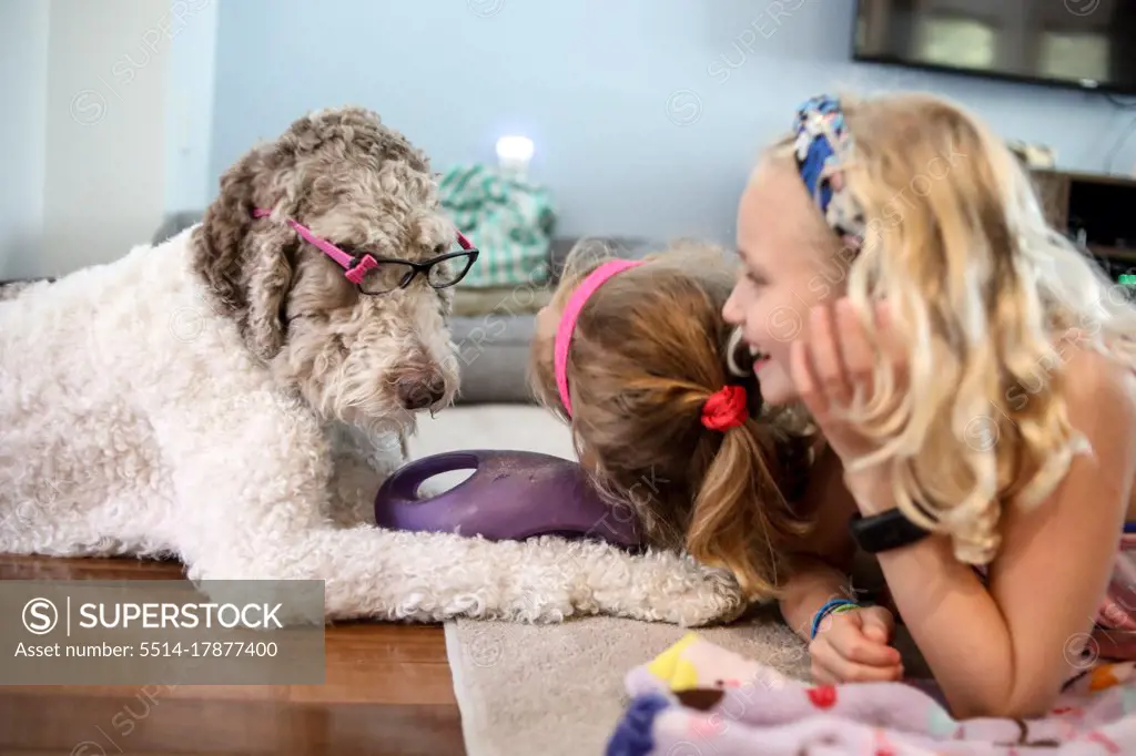 two girls playing with large brown and white dog on floor at home