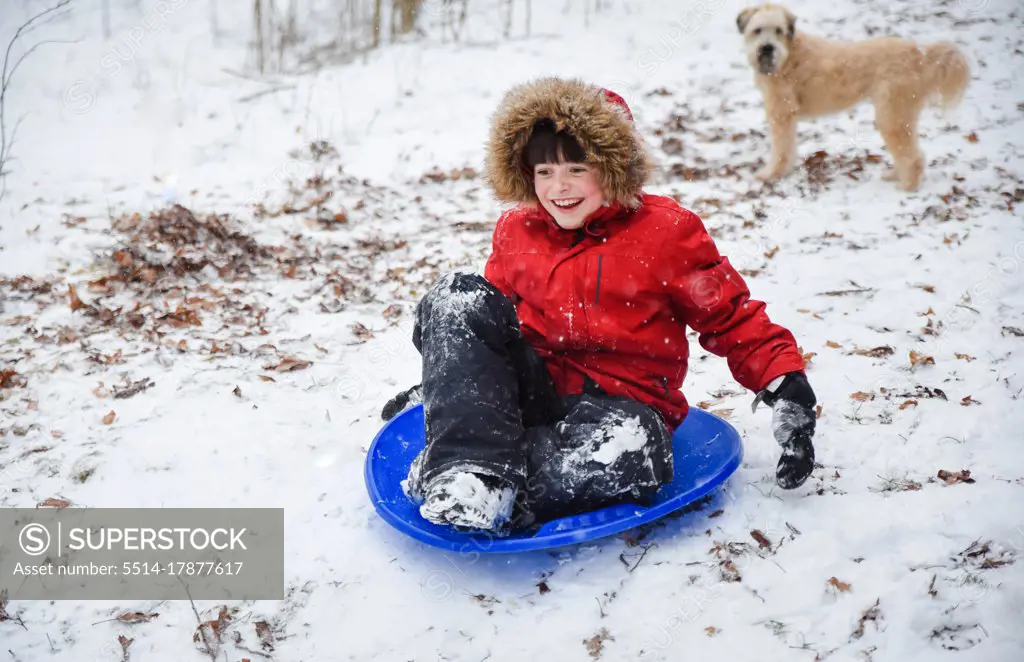 Happy boy sledding down a hill on snowy winter day while dog watches.