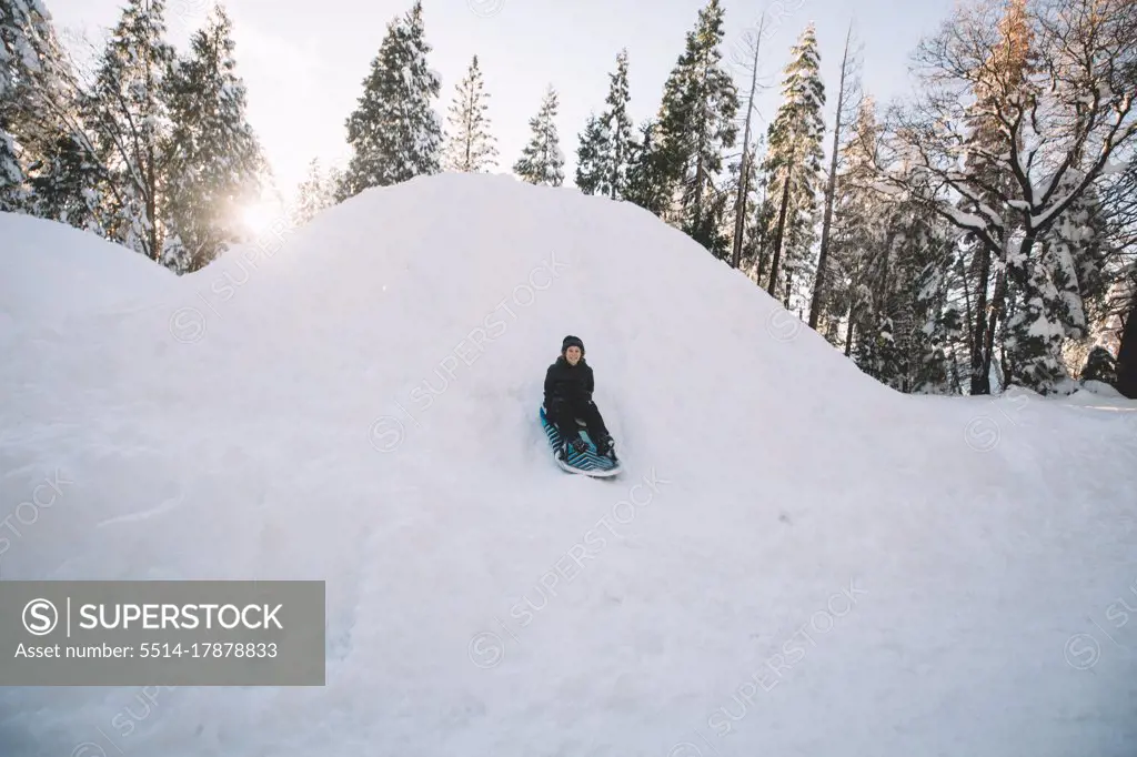 Young Boy Sledding Quickly Down a Hill.