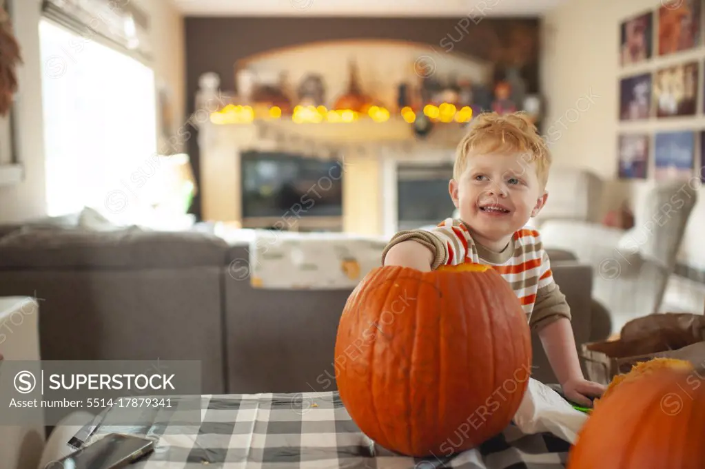 Toddler boy 3-4 years old scoops out pumpkin seeds with his hand