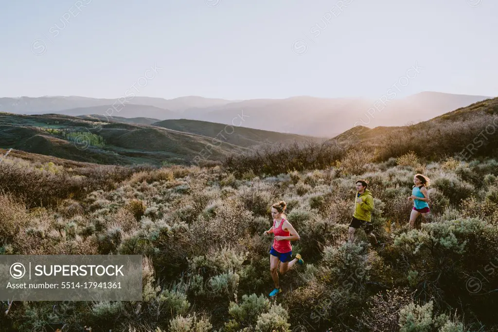 Three friends trail running in the mountains at golden hour