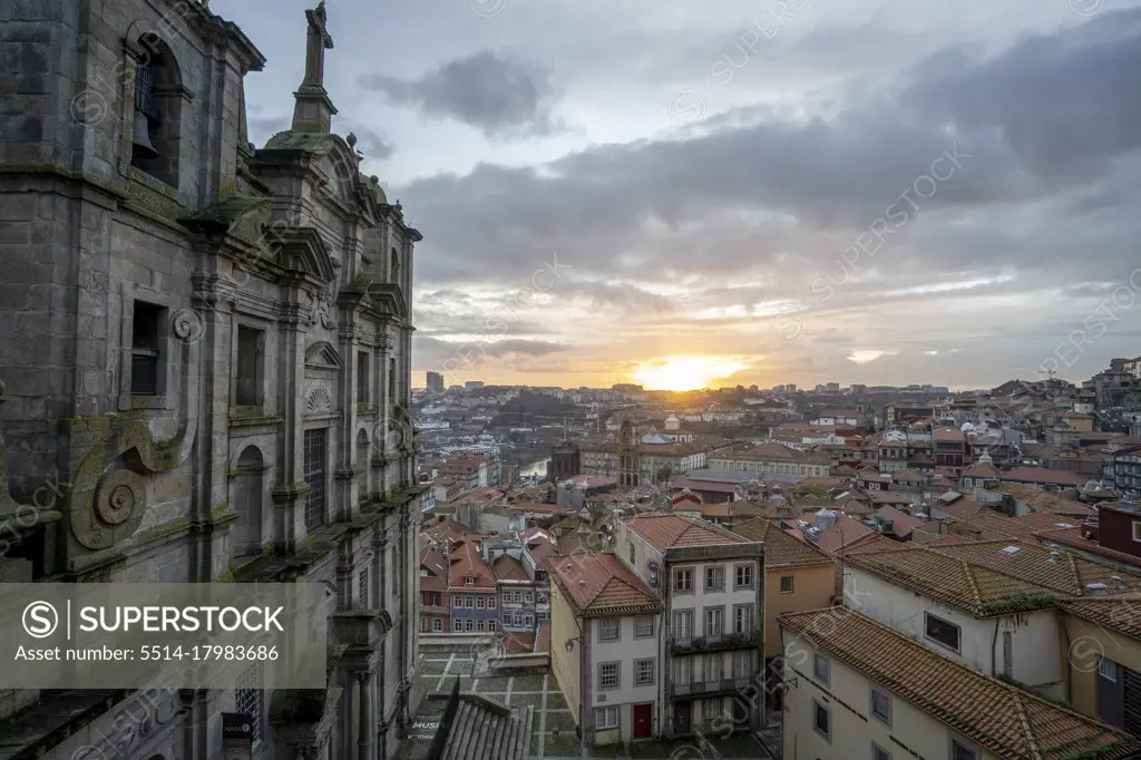 Dramatic view of Porto from a belvedere at sunset