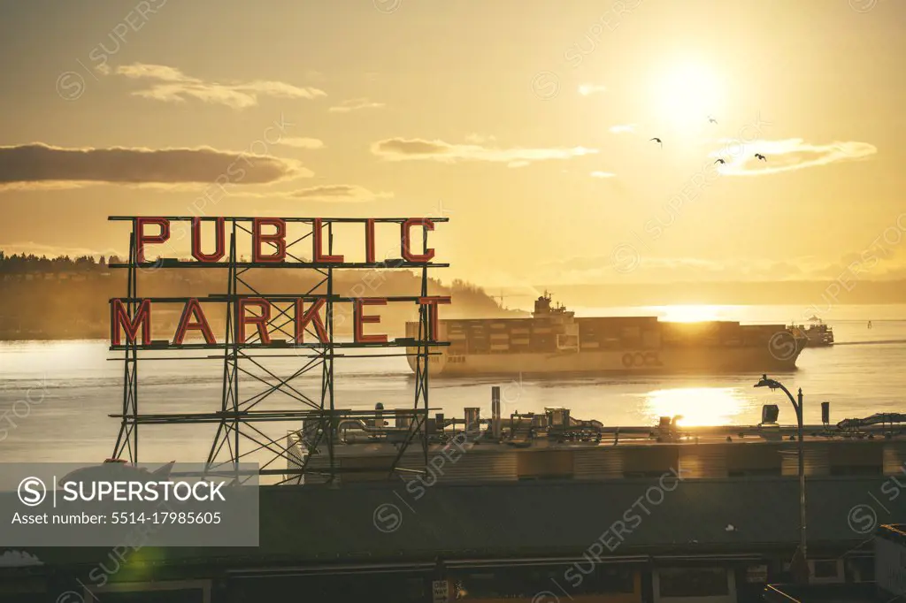 Seattle Market Sign With Ship